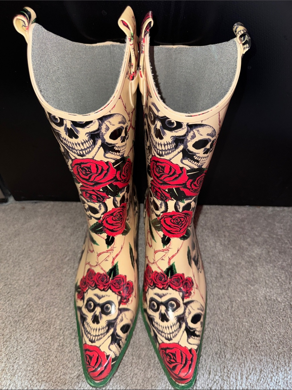 Cream Rain Boots with Red Rose & Skull Print